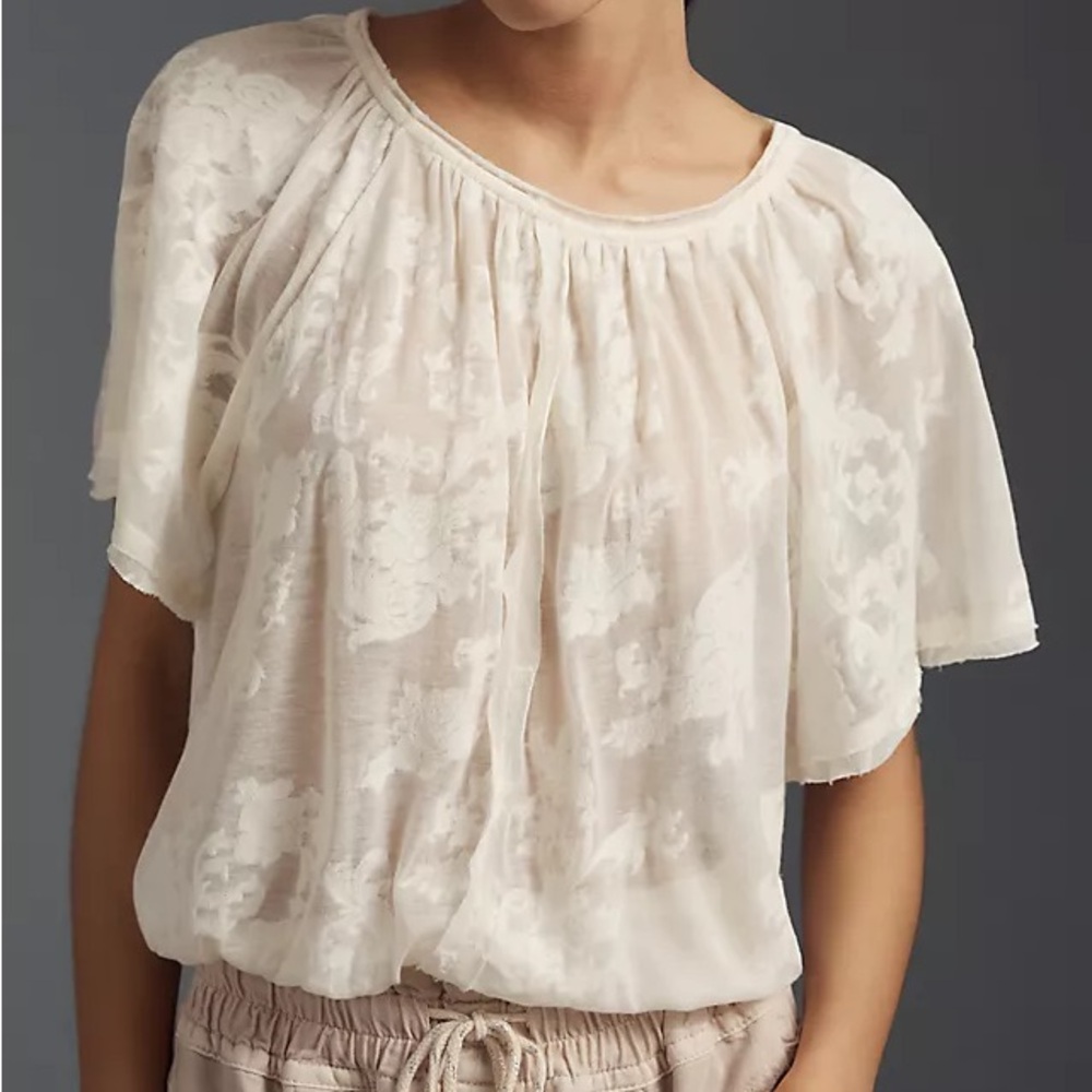 Anthropologie || ivory semi sheer floral print flutter sleeve tee